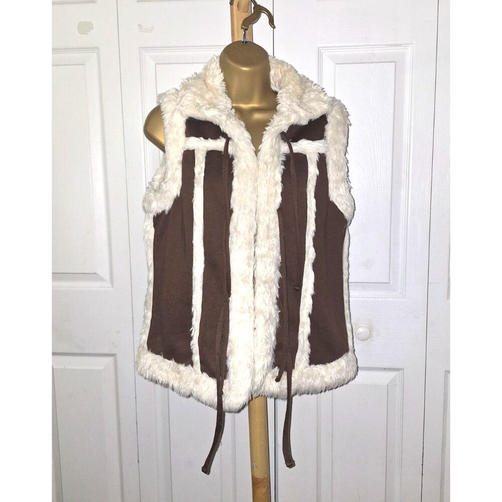 Montanaco Brown Cream Faux Fur Faux Suede Vest Med Rugged Cabin Western Mountain